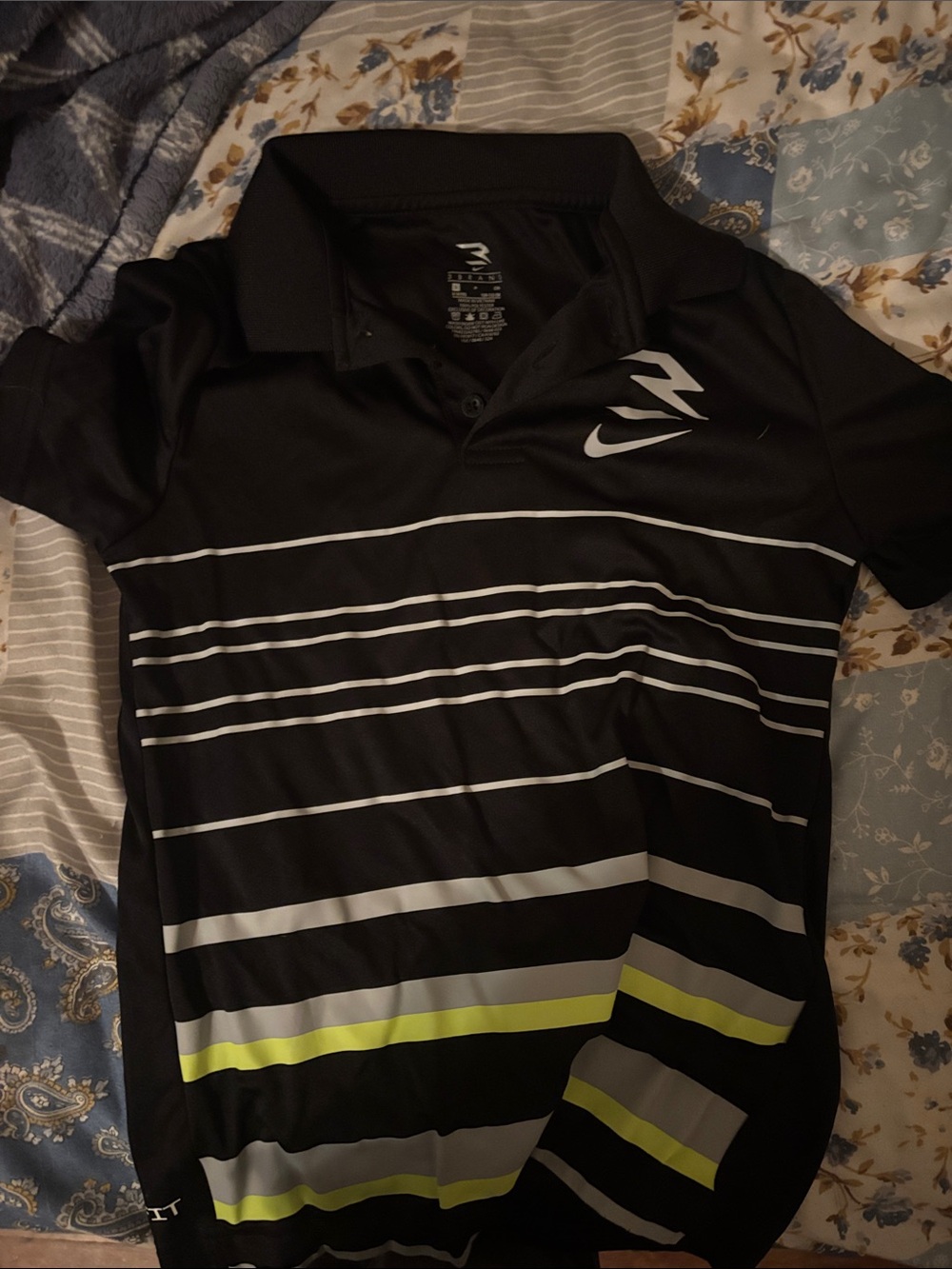 Nike Black Polo with White and Neon Yellow Stripes